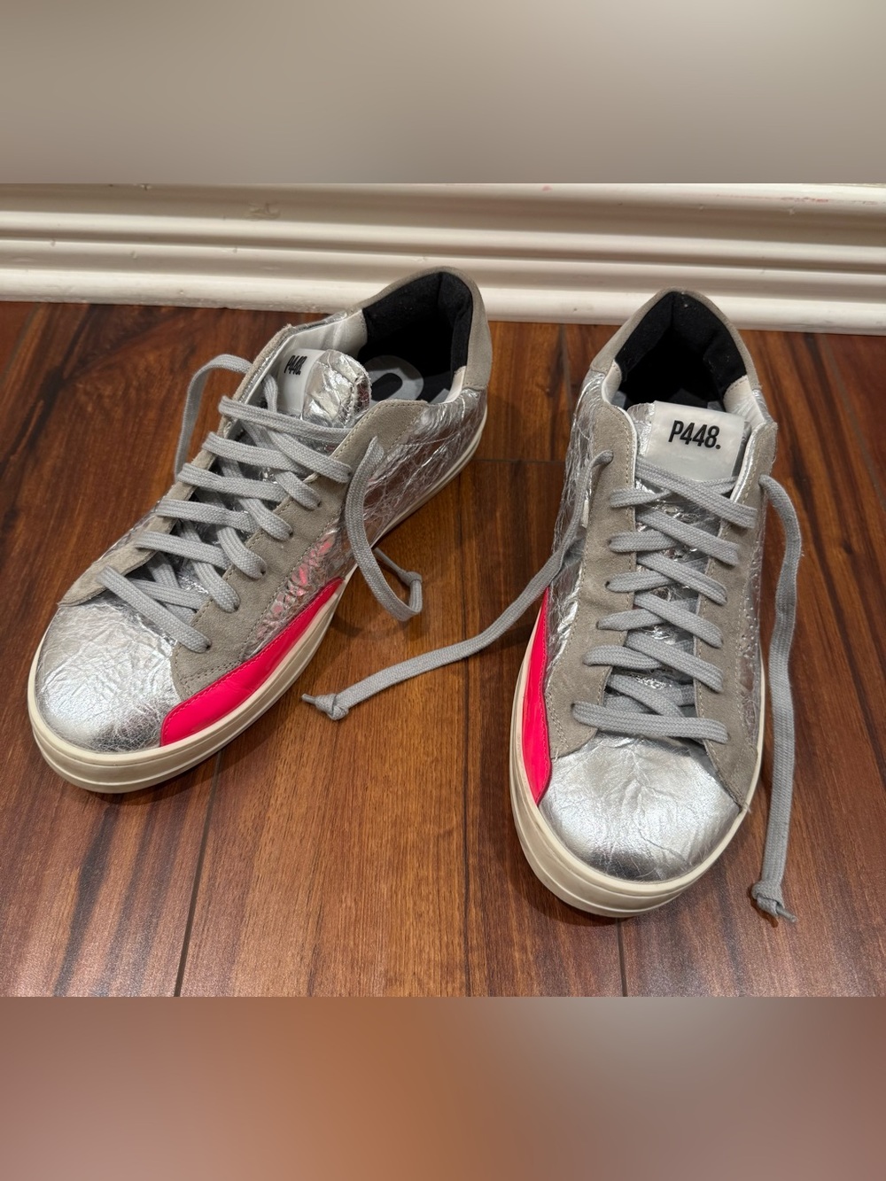 P448 John Metallic Silver Pink Leather Sneakers Size 41 / 10.5-11